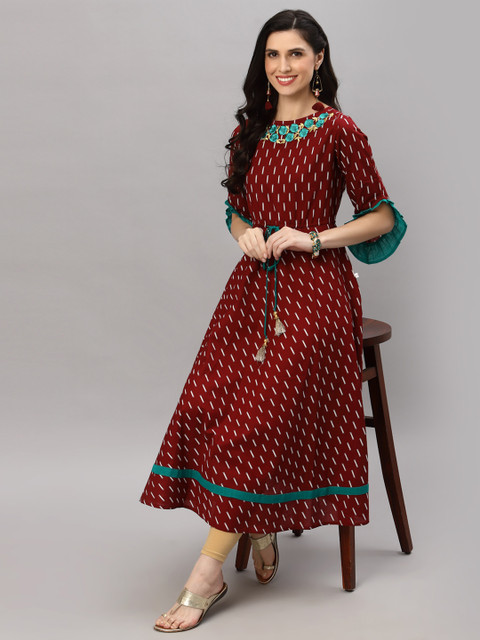 YASH GALLERY Women Maroon Ethnic Motifs Printed Bell Sleeves Dress - Image 4