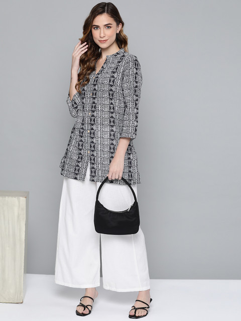 HERE&NOW Black & White Geometric Print Shirt Collar Pure Cotton Short Kurti