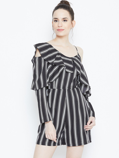 DODO & MOA Women Black & White Striped Playsuit