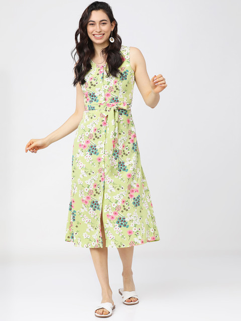 Tokyo Talkies Green Floral A-Line Midi Dress