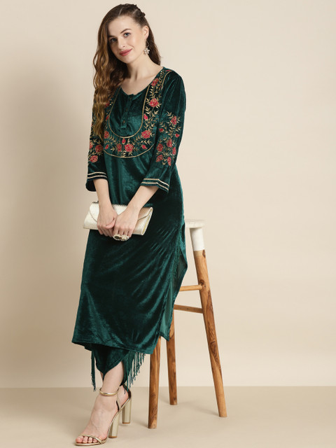 Shae by SASSAFRAS Women Teal Floral Embroidered Velvet Maternity Velvet Kurta - Image 5