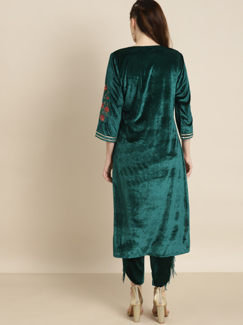 Shae by SASSAFRAS Women Teal Floral Embroidered Velvet Maternity Velvet Kurta - Image 4