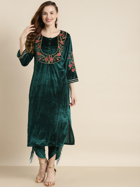 Shae by SASSAFRAS Women Teal Floral Embroidered Velvet Maternity Velvet Kurta