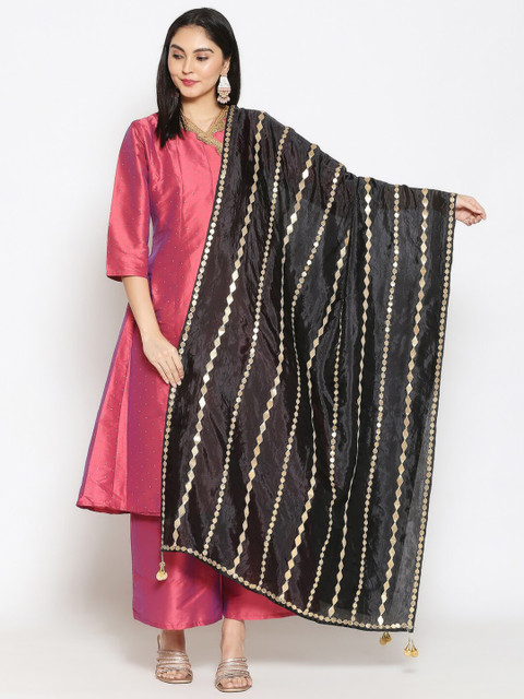 Dupatta Bazaar Black & Gold-Toned Embroidered Dupatta with Gotta Patti
