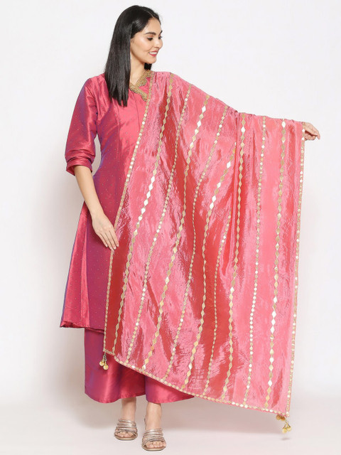 Dupatta Bazaar Rose & Gold-Toned Ethnic Motifs Embroidered Dupatta with Gotta Patti