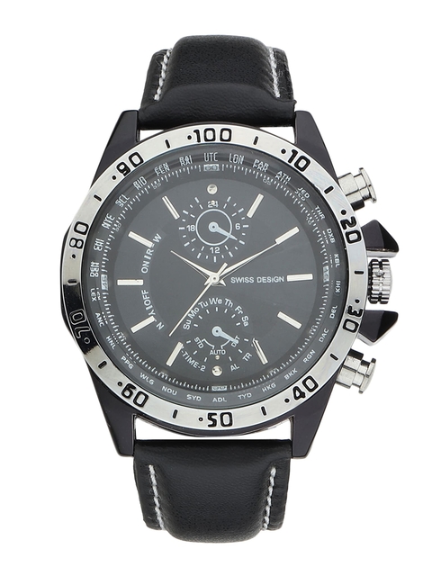 Swiss Design Men Black Patterned Dial & Black Leather Straps Analogue Watch...