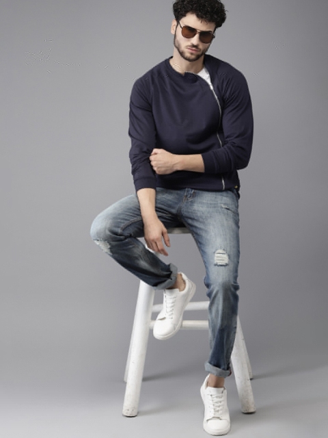 Campus Sutra Men Navy Blue Sweatshirt - Image 4