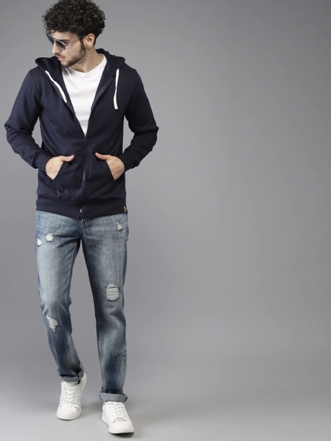 Campus Sutra Men Navy Blue Hooded Sweatshirt - Image 5