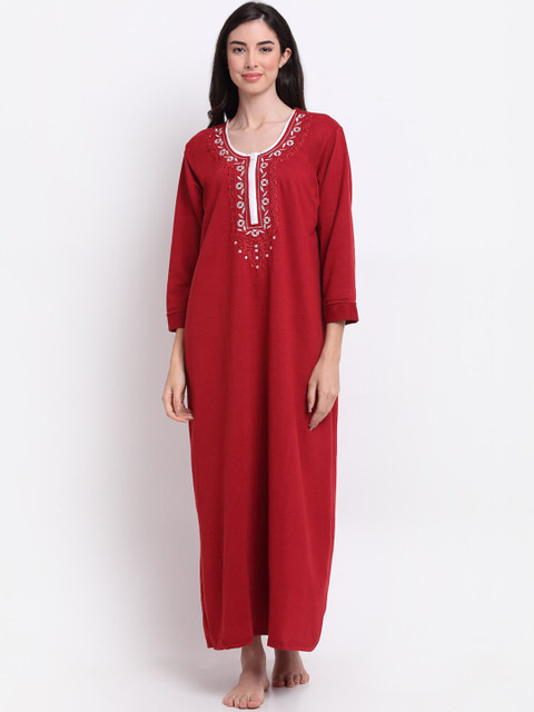 Secret Wish Maroon Embroidered Maxi Nightdress