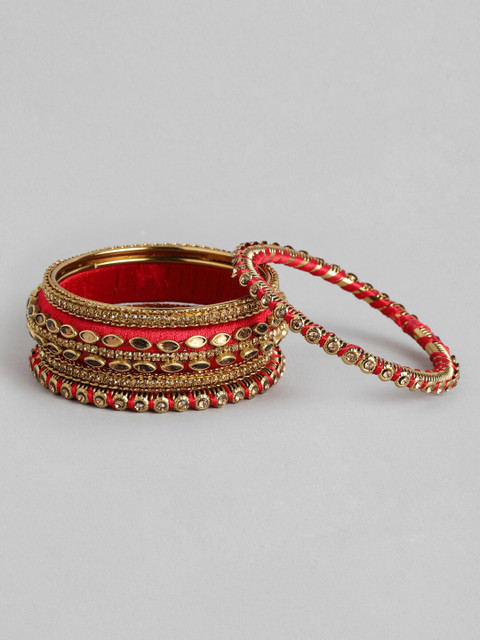 Peora Set of 10 Maroon Gold Plated Silk Thread Kundan Studded Chuda Bangles - Image 4