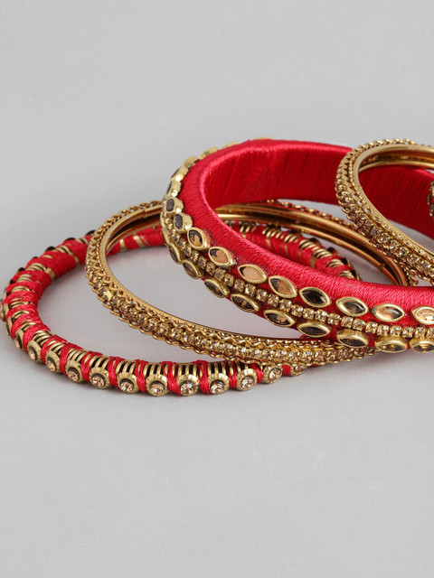 Peora Set of 10 Maroon Gold Plated Silk Thread Kundan Studded Chuda Bangles - Image 6