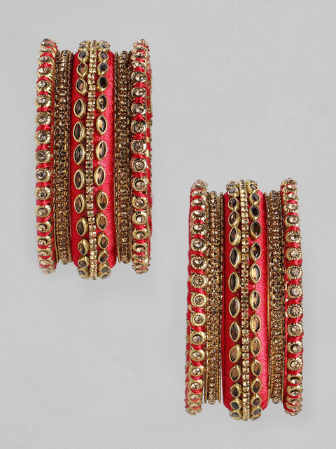 Peora Set of 10 Maroon Gold Plated Silk Thread Kundan Studded Chuda Bangles - Image 3