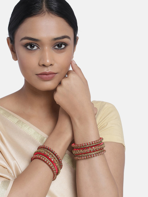 Peora Set of 10 Maroon Gold Plated Silk Thread Kundan Studded Chuda Bangles - Image 2