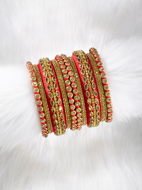 Peora Set of 10 Maroon Gold Plated Silk Thread Kundan Studded Chuda Bangles