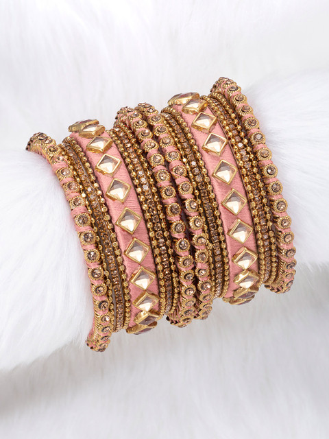 Peora Set of 18 Peach-Coloured Gold Plated Silk Thread Kundan Chuda Bangles