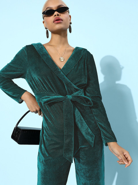 DODO & MOA Women Tranquil Teal Solid Velvet Jumpsuit