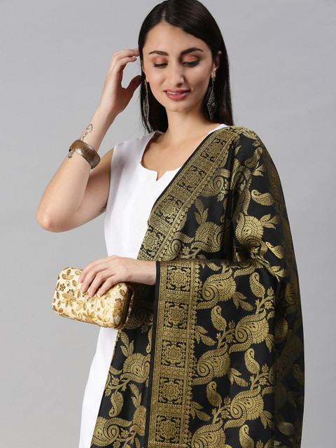swatika Black & Gold-Toned Ethnic Motifs Woven Design Banarasi Handloom Dupatta with Zari