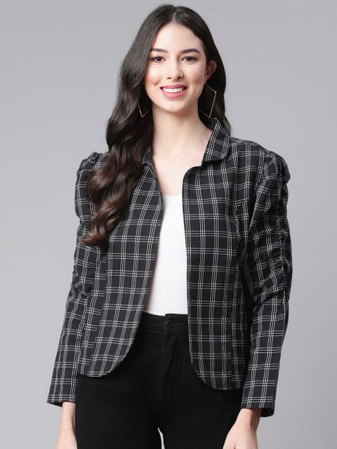 Cottinfab Women Black White Pure Cotton Checked Open Front Jacket