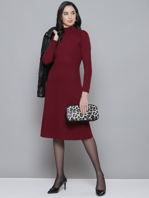 SASSAFRAS Maroon Ribbed A-Line Dress