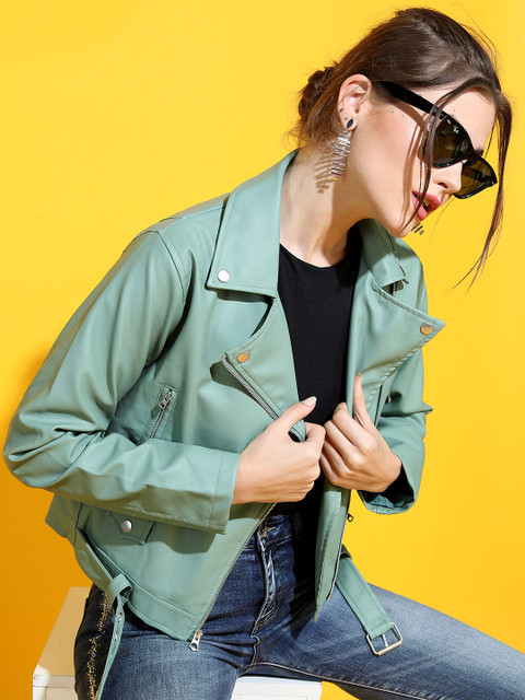 Tokyo Talkies Women Olive Green Crop Biker Jacket