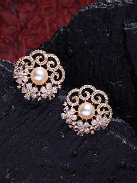 ZENEME Rose Gold-Plated & White Floral Studs Earrings