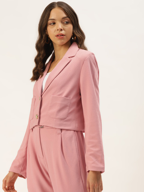 Zastraa Women Baby Pink Solid Lapel Collar Cropped Blazer - Image 3