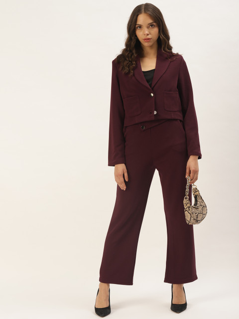 Zastraa Women Maroon Solid Lapel Collar Cropped Blazer - Image 5