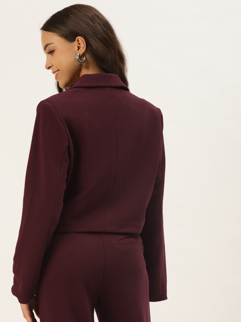 Zastraa Women Maroon Solid Lapel Collar Cropped Blazer - Image 4