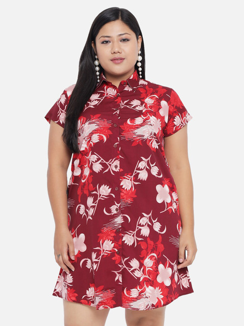 Indietoga Plus Size Maroon & Pink Floral Crepe Shirt Dress