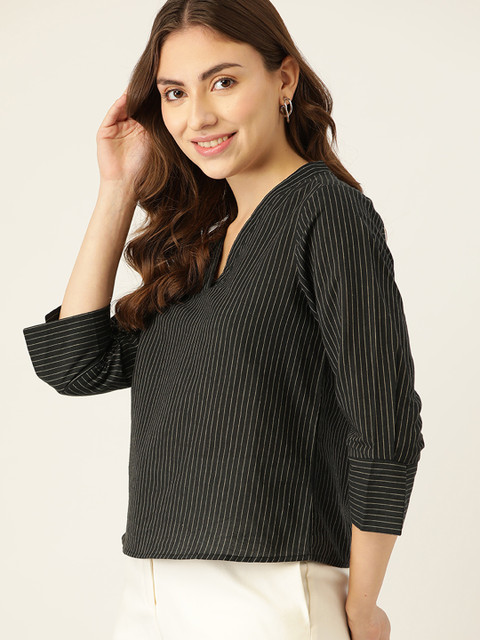 DressBerry Women Black & White Striped Pure Cotton Top