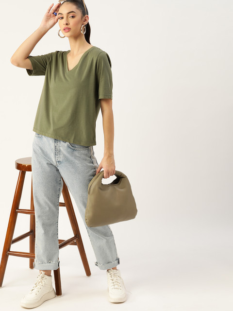 DressBerry Women Olive Green V-Neck T-shirt