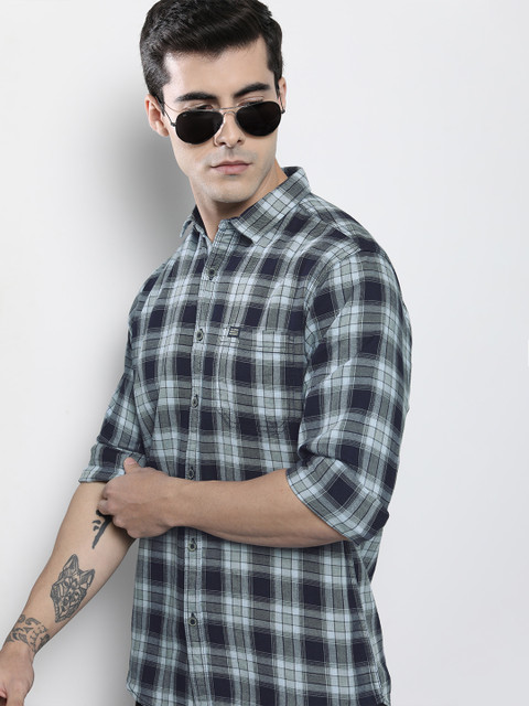 The Indian Garage Co Men Navy Blue Tartan Checked Regular Fit Cotton Casual Shirt