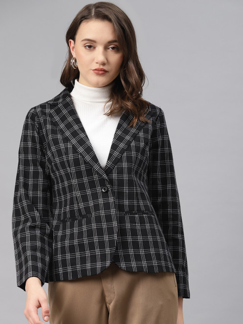 Cottinfab Women Black & White Checked Regular Fit Single Breasted Blazer