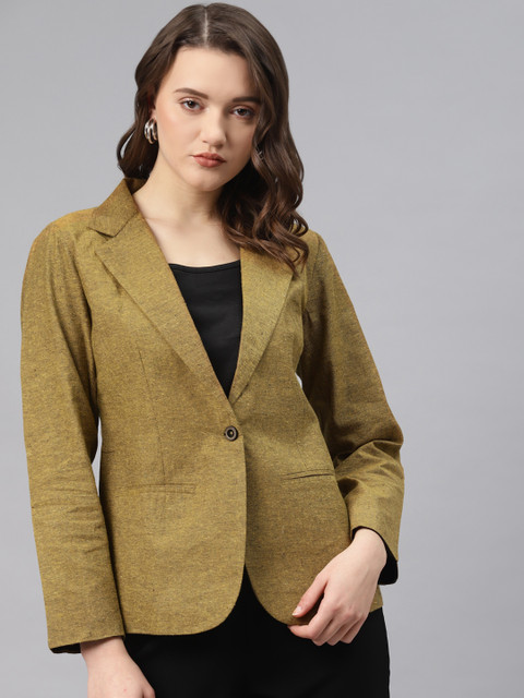 Cottinfab Women Olive Green Woven Design Cotton Formal Single Breasted Blazer