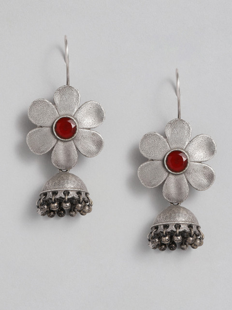 EL REGALO Red Stone Ethnic Floral Rough Vintage Finish Jhumki