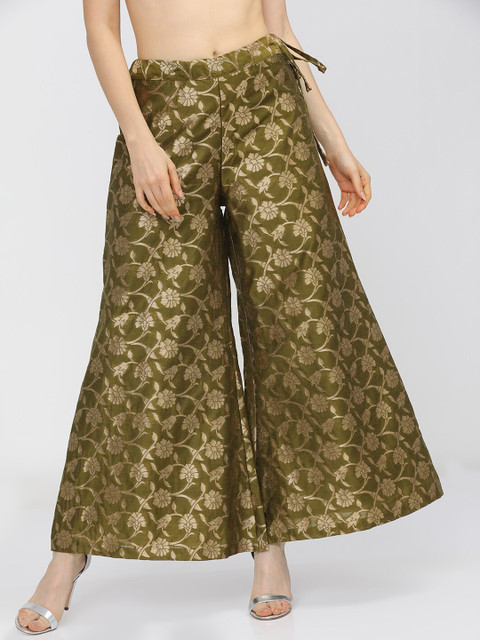 Vishudh Women Olive & Gold-Toned Floral Woven Designed Palazzo