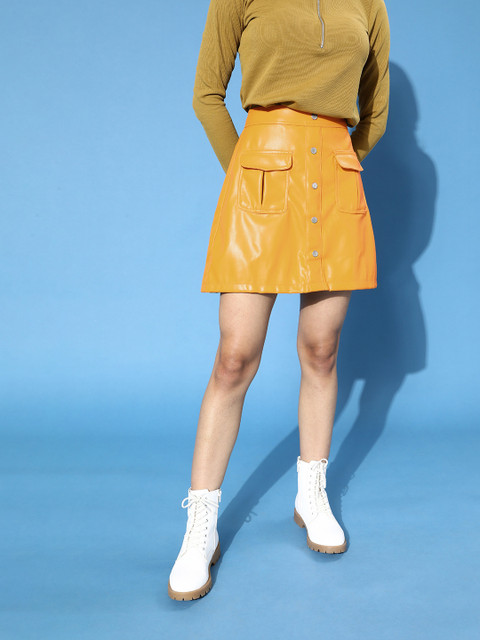 Tokyo Talkies Women Stylish Mustard Solid Faux Leather Skirt