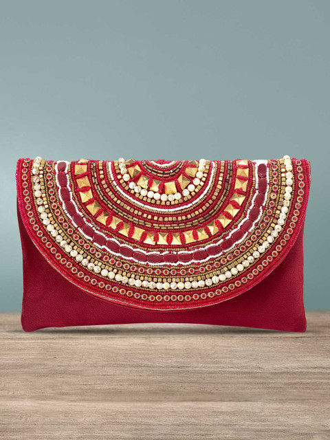 Peora Maroon & Gold-Toned Embellished Purse Clutch