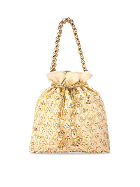 Peora Cream-Coloured & Gold-Toned Embellished Potli Clutch - Image 2