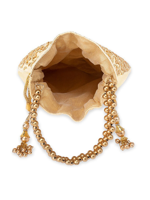 Peora Cream-Coloured & Gold-Toned Embellished Potli Clutch - Image 6