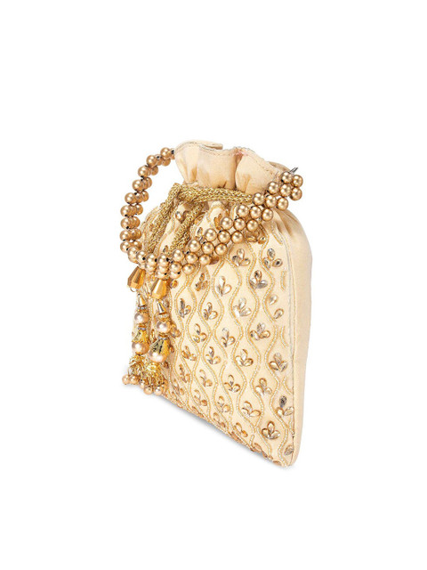 Peora Cream-Coloured & Gold-Toned Embellished Potli Clutch - Image 4