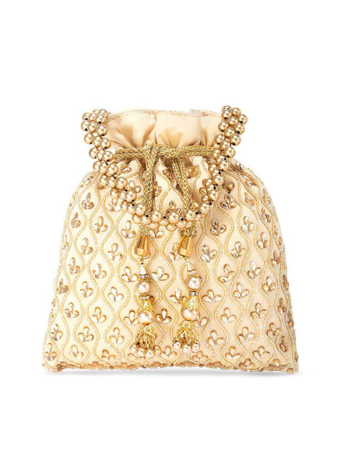 Peora Cream-Coloured & Gold-Toned Embellished Potli Clutch - Image 3