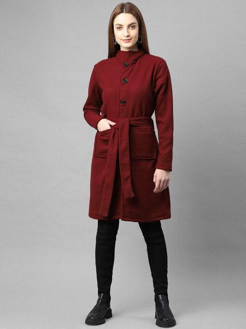 Rigo Maroon Solid Slim Fit Knee-Length Overcoat