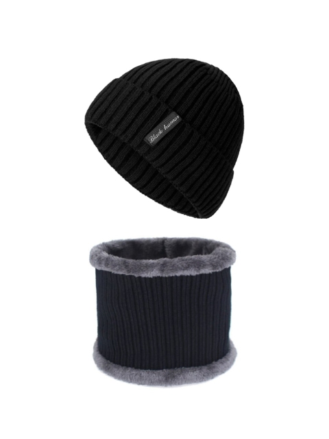 iSWEVEN Unisex Black Woolen Beanie with Neck Warmer Scarf
