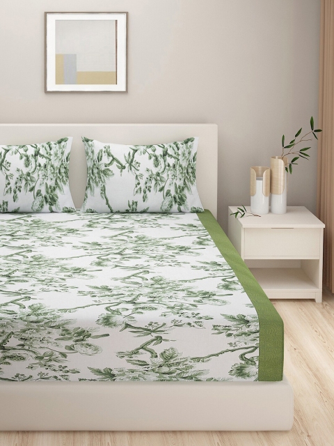 SWAYAM Green & White Floral 144 TC King Bedsheet with 2 Pillow Covers - Image 2