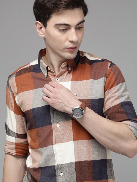 THE BEAR HOUSE Men Rust Brown & Navy Blue Slim Fit Checked Pure Cotton Casual Shirt