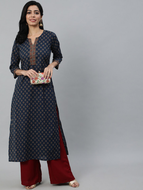 Nayo Women Navy Blue Ethnic Motifs Printed Cotton Kurta - Image 6