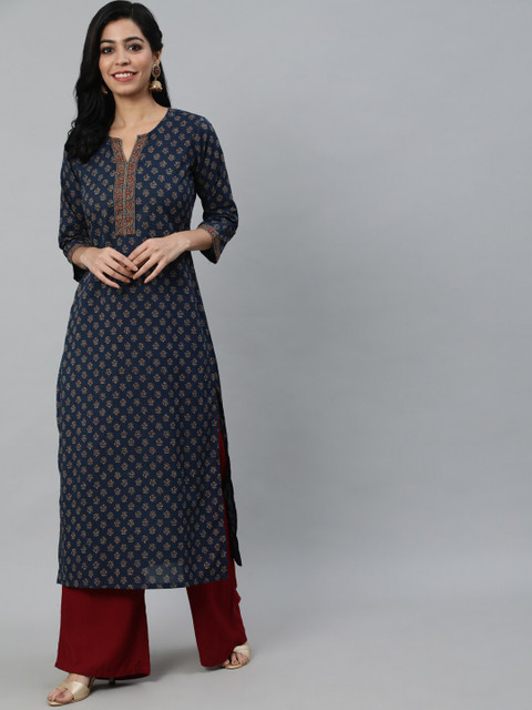 Nayo Women Navy Blue Ethnic Motifs Printed Cotton Kurta