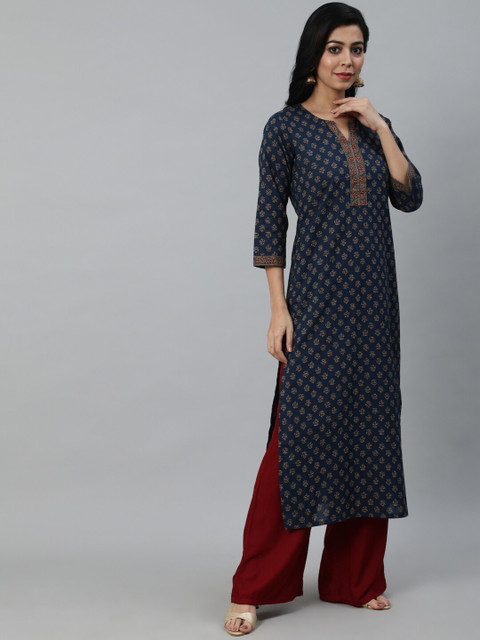 Nayo Women Navy Blue Ethnic Motifs Printed Cotton Kurta - Image 3
