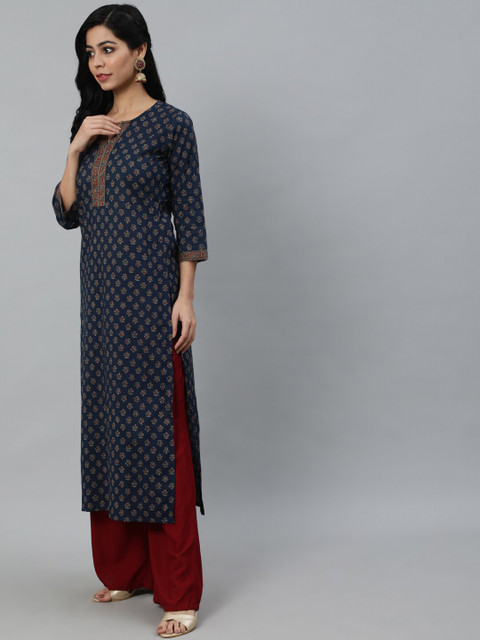 Nayo Women Navy Blue Ethnic Motifs Printed Cotton Kurta - Image 4
